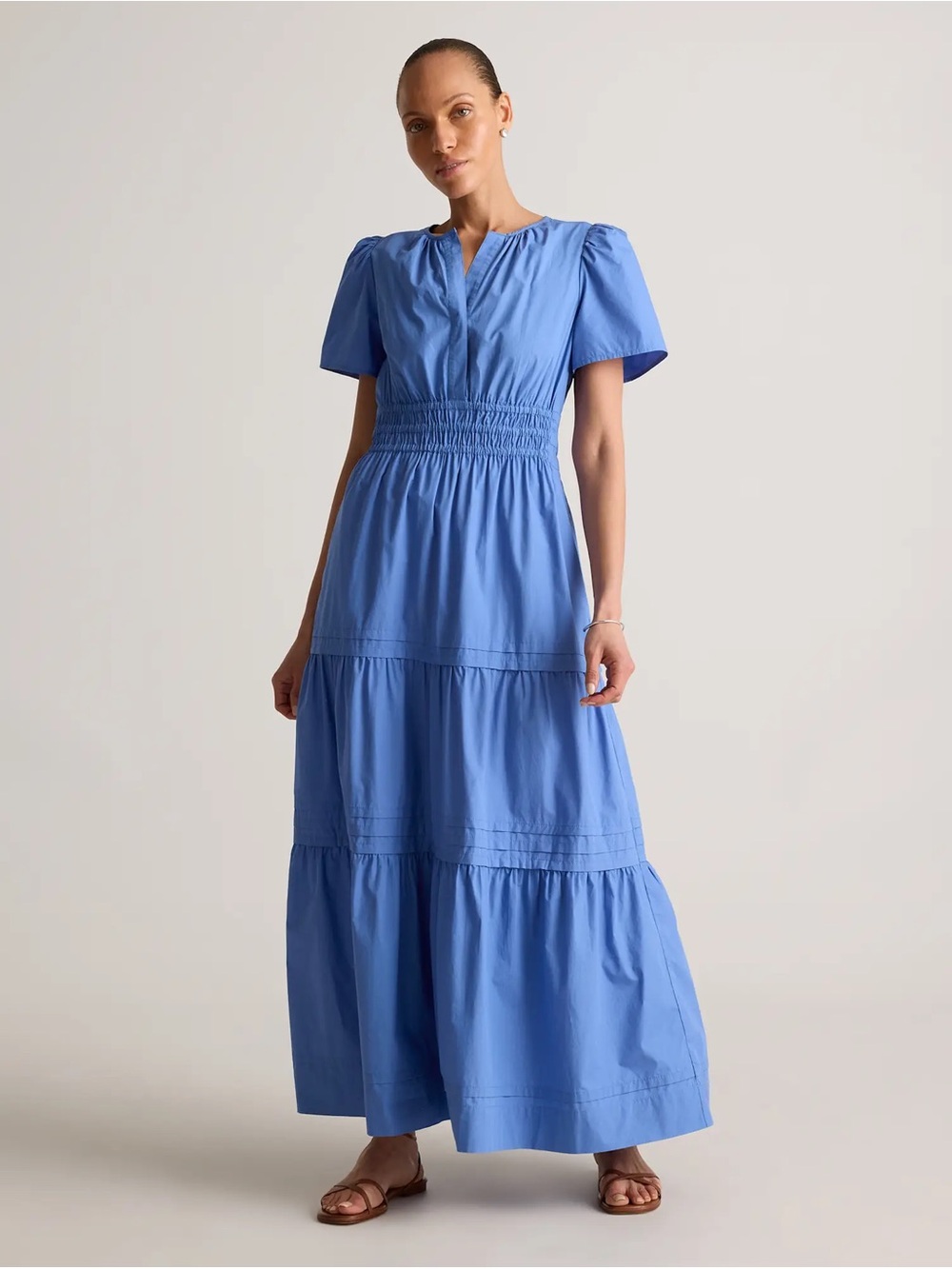 Quince Periwinkle Tiered Maxi Dress with Smocked Waist true blue color